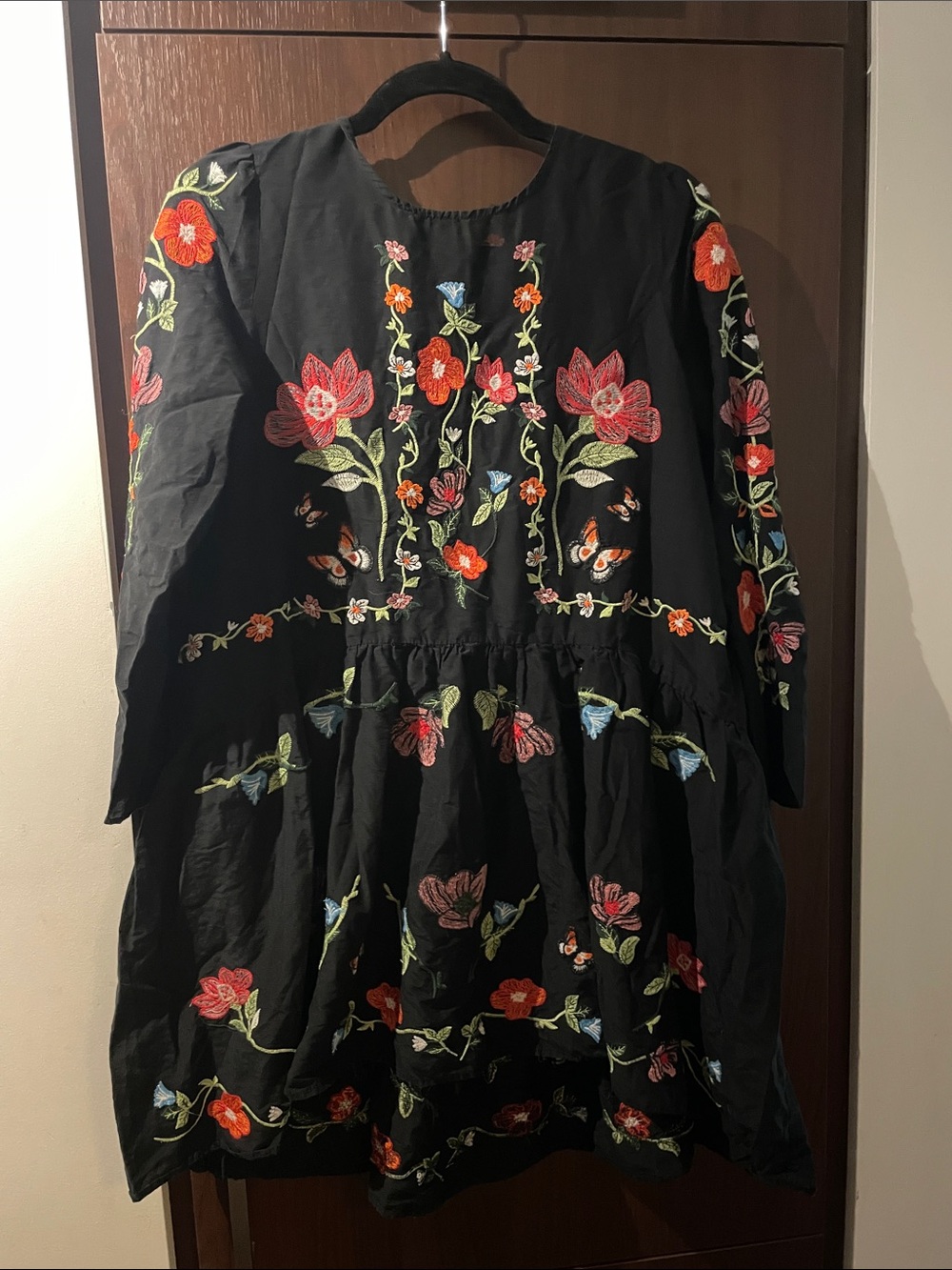 Zara Black Floral Embroidered Top with Orange and Green Detail